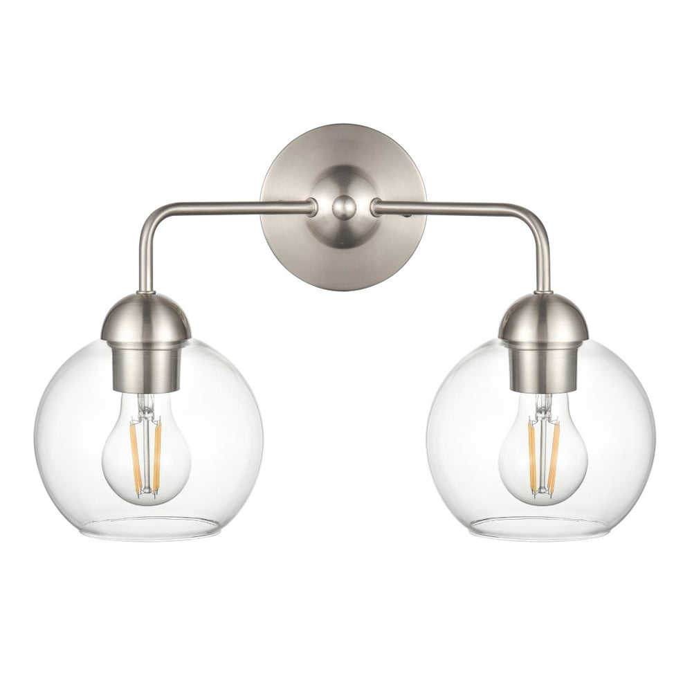 Atlas Astoria 2-Light Vanity Light Fixture with Clear Glass Globes for Midcentury Modern Bathroom Style Brushed Nickel WL11186-NK