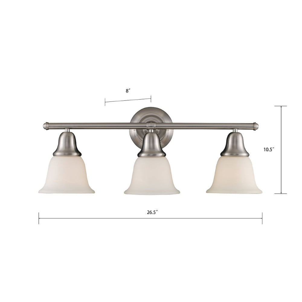 Atlas Berwick 26.5'' 3-Light Vanity Light - Elegant Brushed Nickel with White Glass Shades for Modern Spaces WL11215-NK
