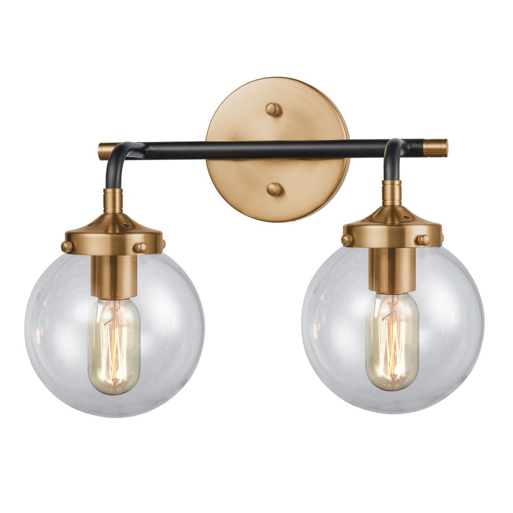 Atlas Boudreaux 2-Light Vanity Light - Midcentury-Modern Design with Opulent Glass Globes for Elegance Matte Black with Antique Gold 15'' WL11218-GD