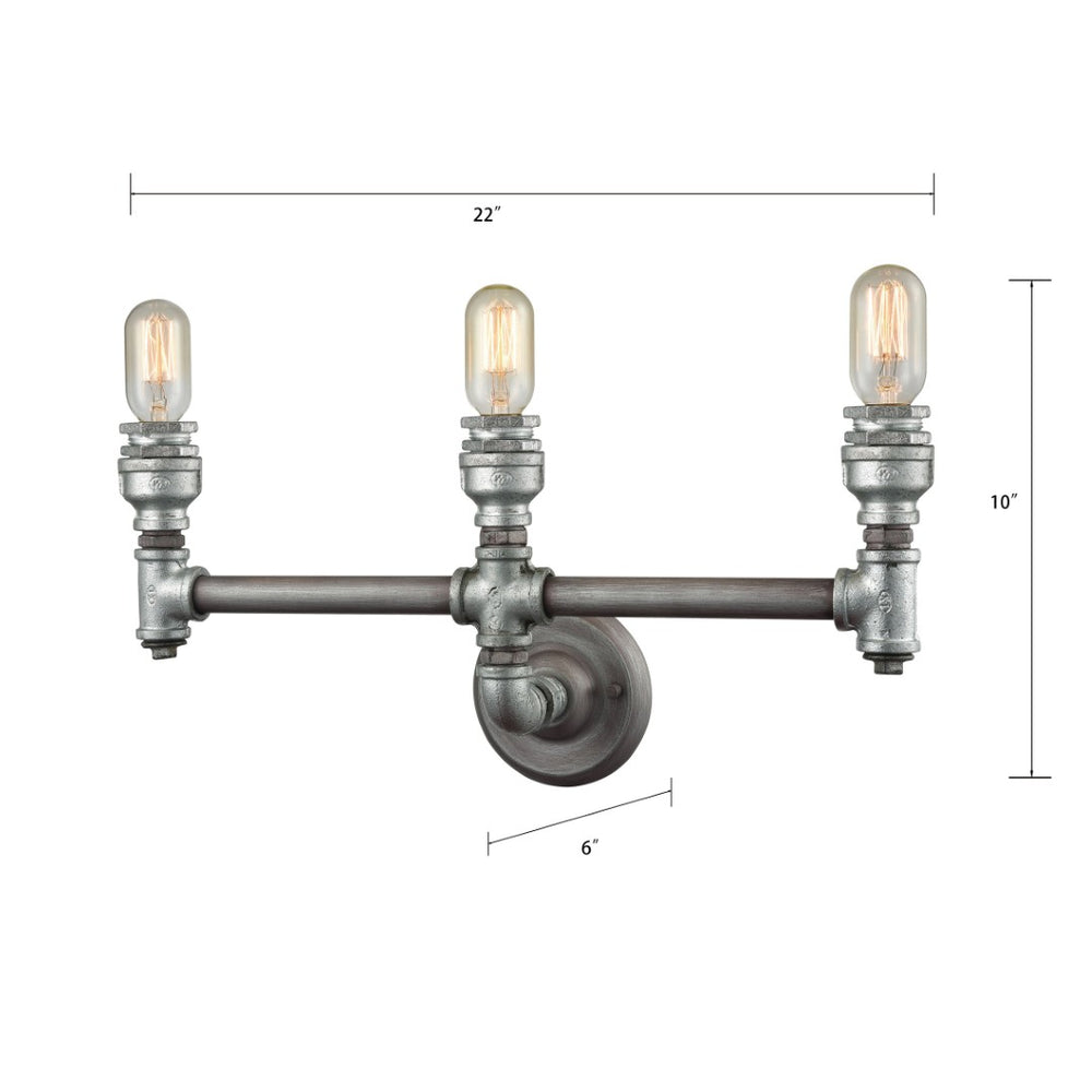 Atlas Cast Iron Pipe 3-Light Vanity Light Fixture - Industrial Chic Design for Contemporary Spaces Weathered Zinc 22'' WL11246-SV1