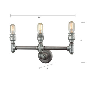 Atlas Cast Iron Pipe 3-Light Vanity Light Fixture - Industrial Chic Design for Contemporary Spaces Weathered Zinc 22'' WL11246-SV1