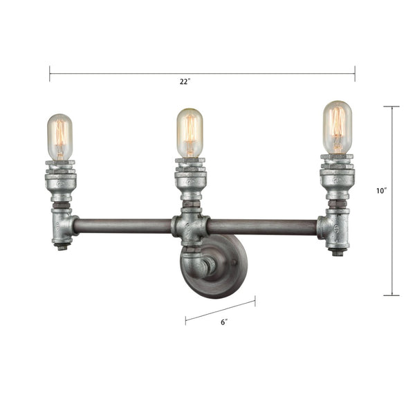 Atlas Cast Iron Pipe 3-Light Vanity Light Fixture - Industrial Chic Design for Contemporary Spaces Weathered Zinc 22'' WL11246-SV1