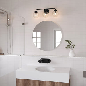 Atlas Fairbanks 3-Light Vanity Fixture – Midcentury Modern Design with Clear Glass Globes for Stylish Illumination Matte Black and Clear WL11302-BK1