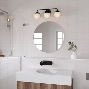 Atlas Fairbanks 3-Light Vanity Fixture – Midcentury Modern Design with Clear Glass Globes for Stylish Illumination Matte Black and Opal WL11302-BK2