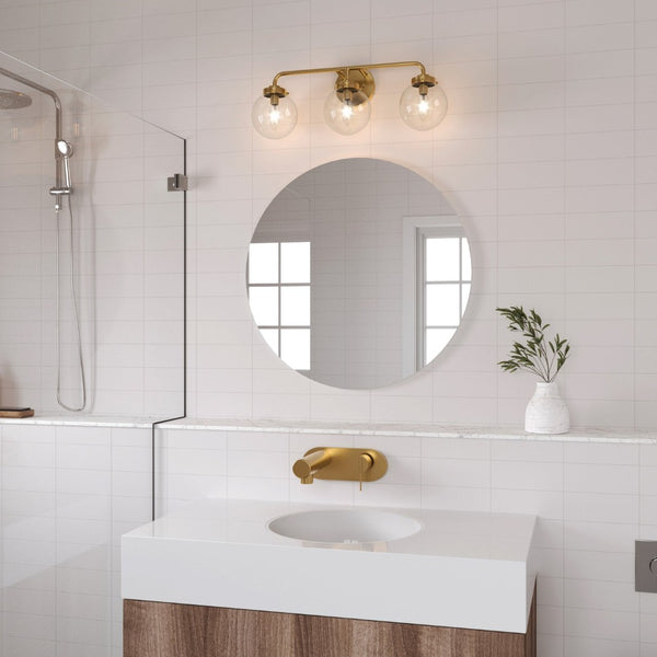 Atlas Fairbanks 3-Light Vanity Fixture – Midcentury Modern Design with Clear Glass Globes for Stylish Illumination Brushed Gold and Clear WL11302-GD1
