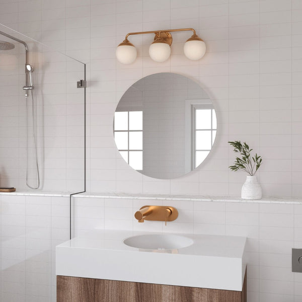 Atlas Fairbanks 3-Light Vanity Fixture – Midcentury Modern Design with Clear Glass Globes for Stylish Illumination Brushed Gold and Opal WL11302-GD2