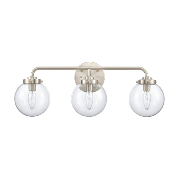 Atlas Fairbanks 3-Light Vanity Fixture – Midcentury Modern Design with Clear Glass Globes for Stylish Illumination Brushed Nickel and Clear WL11302-NK1