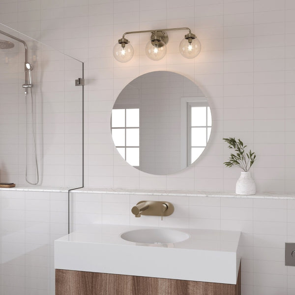 Atlas Fairbanks 3-Light Vanity Fixture – Midcentury Modern Design with Clear Glass Globes for Stylish Illumination Brushed Nickel and Clear WL11302-NK1