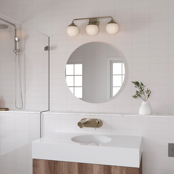 Atlas Fairbanks 3-Light Vanity Fixture – Midcentury Modern Design with Clear Glass Globes for Stylish Illumination Brushed Nickel and Opal WL11302-NK2