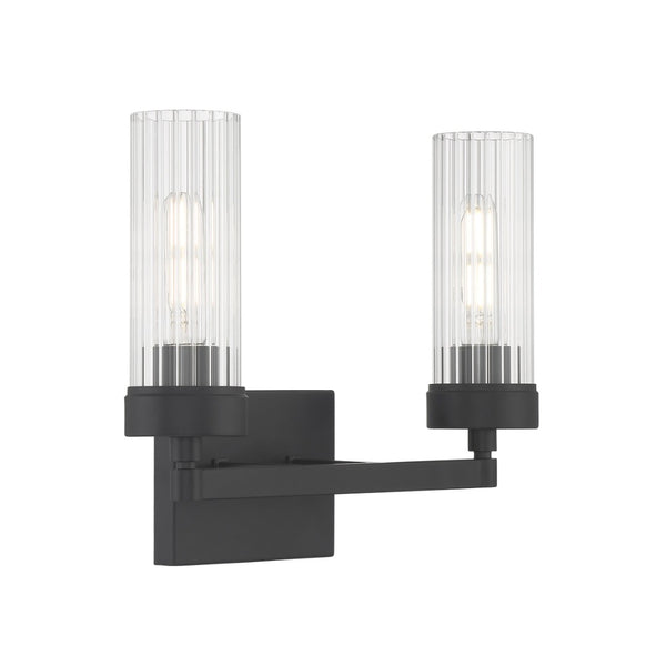 Atlas Lida Transitional 2-Light Vanity Fixture with Fluted Glass Shades for Elegant Bathroom Illumination Matte Black 14'' WL11359-BK