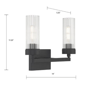 Atlas Lida Transitional 2-Light Vanity Fixture with Fluted Glass Shades for Elegant Bathroom Illumination Matte Black 14'' WL11359-BK