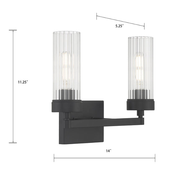 Atlas Lida Transitional 2-Light Vanity Fixture with Fluted Glass Shades for Elegant Bathroom Illumination Matte Black 14'' WL11359-BK