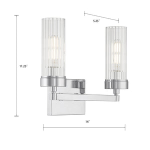 Atlas Lida Transitional 2-Light Vanity Fixture with Fluted Glass Shades for Elegant Bathroom Illumination Chrome 14'' WL11359-CH