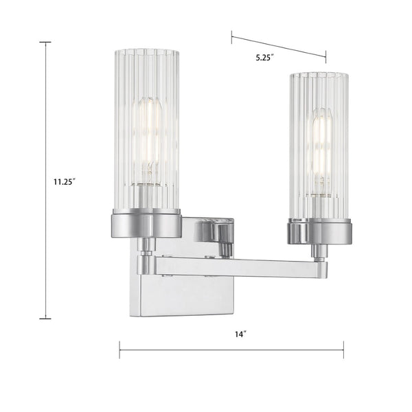 Atlas Lida Transitional 2-Light Vanity Fixture with Fluted Glass Shades for Elegant Bathroom Illumination Chrome 14'' WL11359-CH