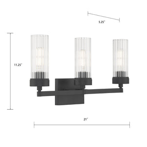 Atlas Lida Transitional 2-Light Vanity Fixture with Fluted Glass Shades for Elegant Bathroom Illumination Matte Black 21'' WL11360-BK