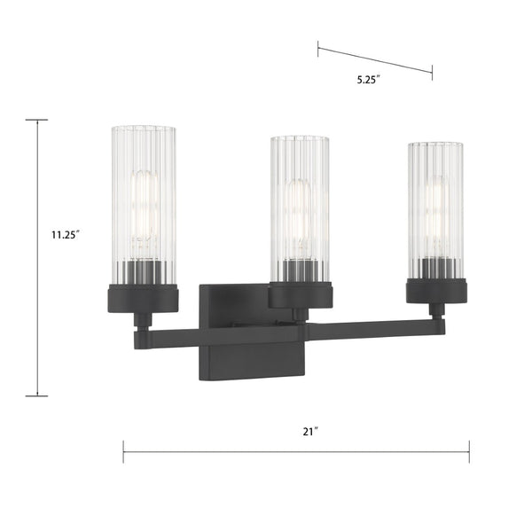 Atlas Lida Transitional 2-Light Vanity Fixture with Fluted Glass Shades for Elegant Bathroom Illumination Matte Black 21'' WL11360-BK