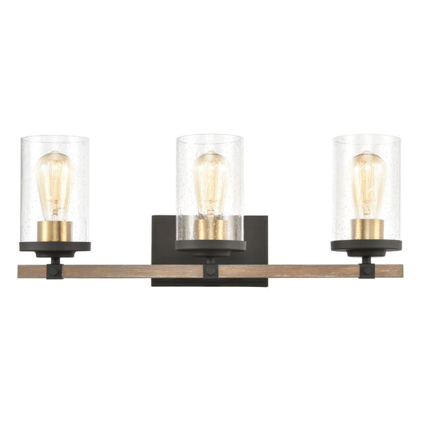 Atlas Geringer 3-Light Vanity Light Fixture with Burnished Brass Accents and Seeded Glass Shades for Style Charcoal 22'' WL11619-BK