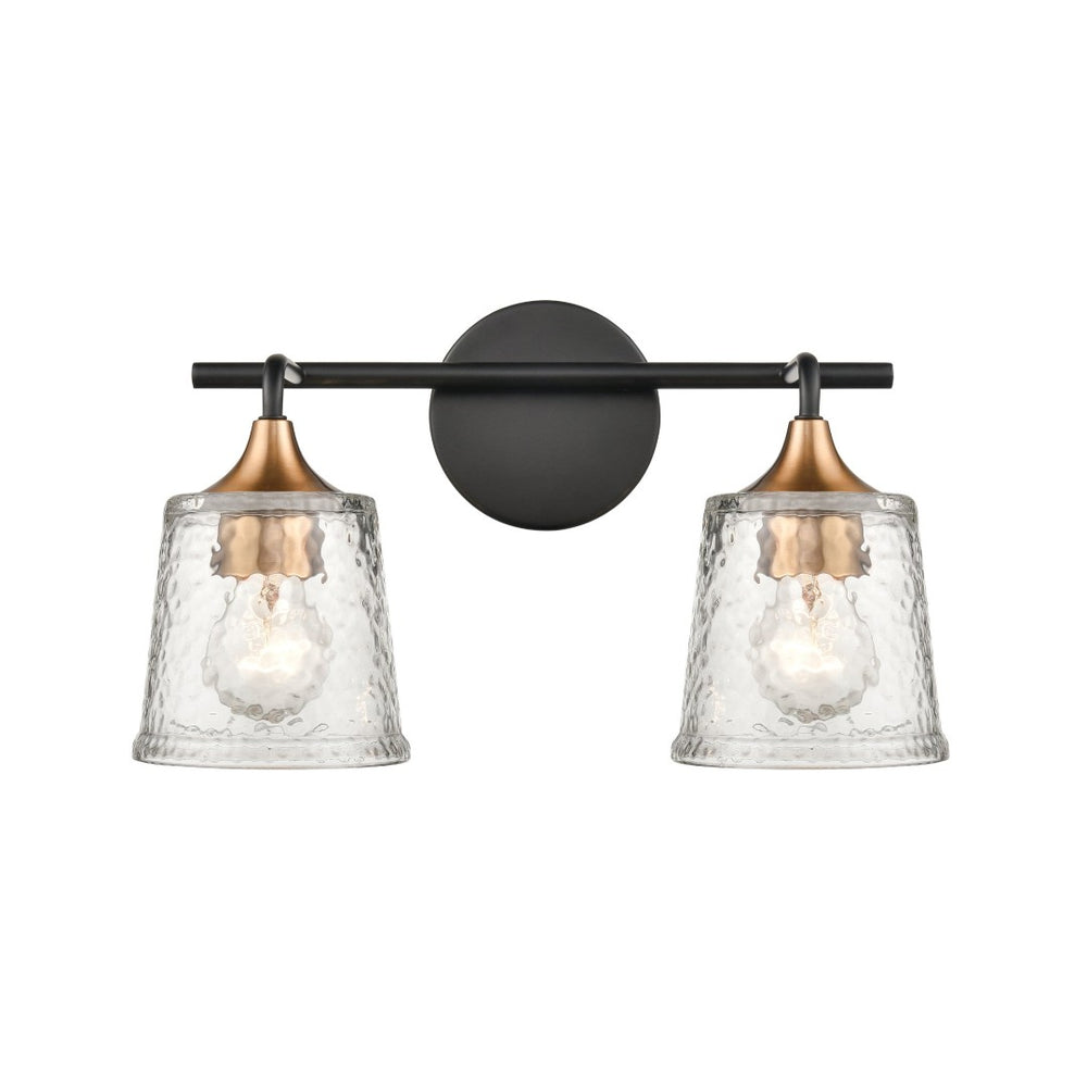 Atlas Hamy 2-Light Vanity Light Fixture - Modern Minimalist Design with Hammered Glass Shades & Brass Accents Matte Black 15'' WL11630-BK