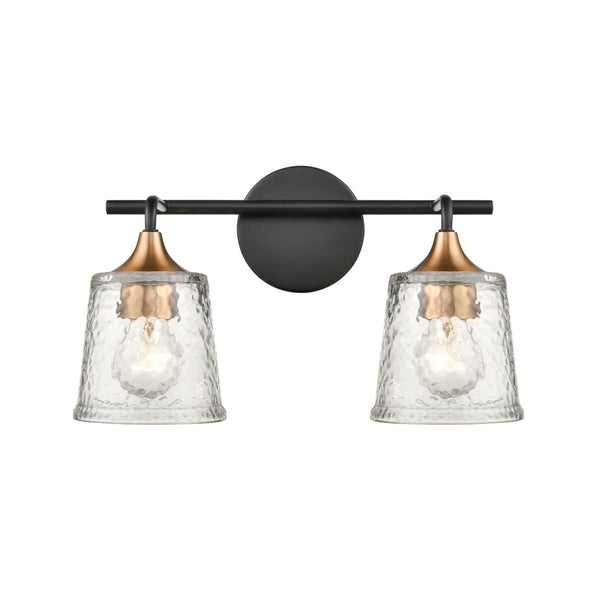 Atlas Hamy 2-Light Vanity Light Fixture - Modern Minimalist Design with Hammered Glass Shades & Brass Accents Matte Black 15'' WL11630-BK