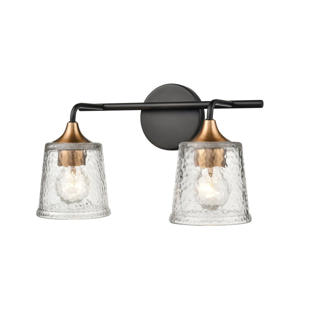 Atlas Hamy 2-Light Vanity Light Fixture - Modern Minimalist Design with Hammered Glass Shades & Brass Accents Matte Black 15'' WL11630-BK