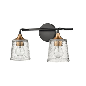 Atlas Hamy 2-Light Vanity Light Fixture - Modern Minimalist Design with Hammered Glass Shades & Brass Accents Matte Black 15'' WL11630-BK