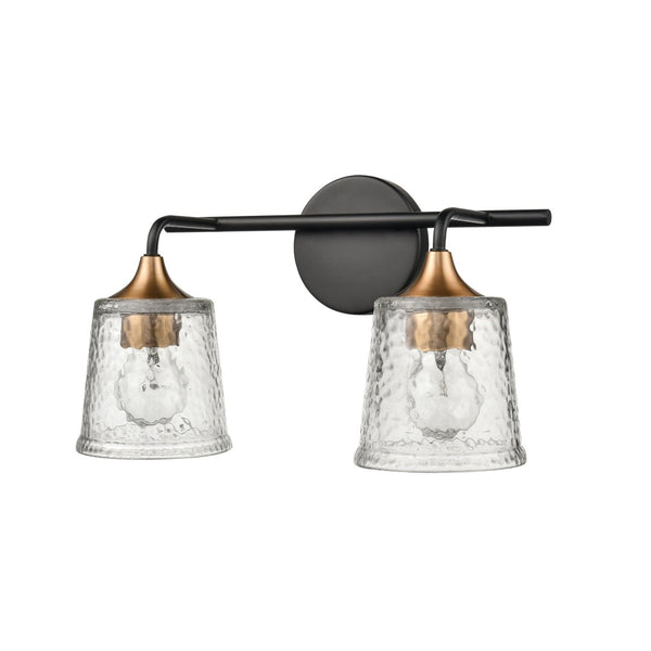 Atlas Hamy 2-Light Vanity Light Fixture - Modern Minimalist Design with Hammered Glass Shades & Brass Accents Matte Black 15'' WL11630-BK