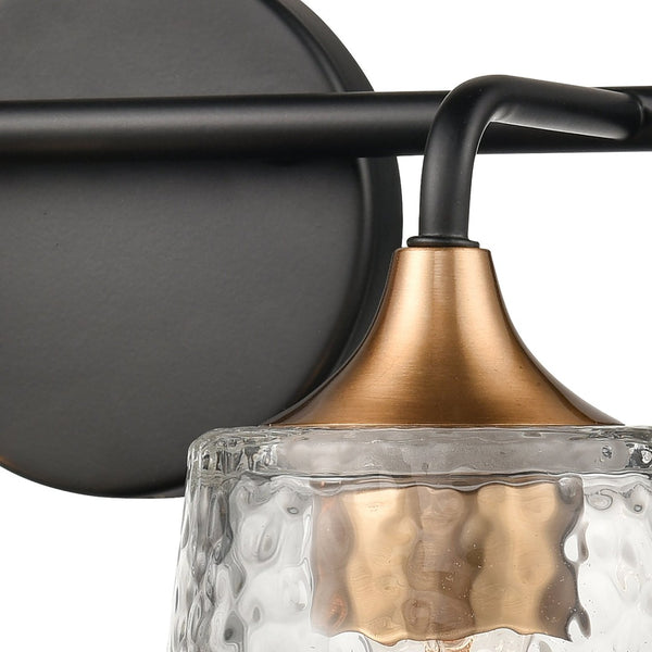Atlas Hamy 2-Light Vanity Light Fixture - Modern Minimalist Design with Hammered Glass Shades & Brass Accents Matte Black 15'' WL11630-BK