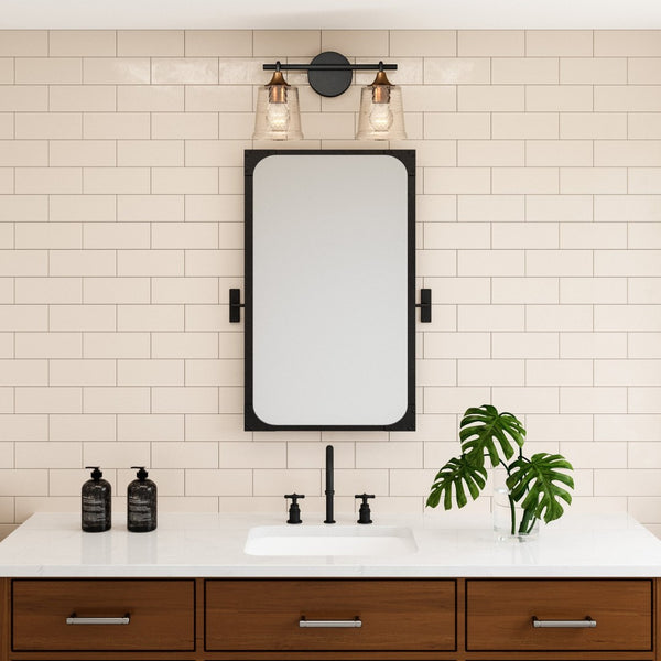 Atlas Hamy 2-Light Vanity Light Fixture - Modern Minimalist Design with Hammered Glass Shades & Brass Accents Matte Black 15'' WL11630-BK