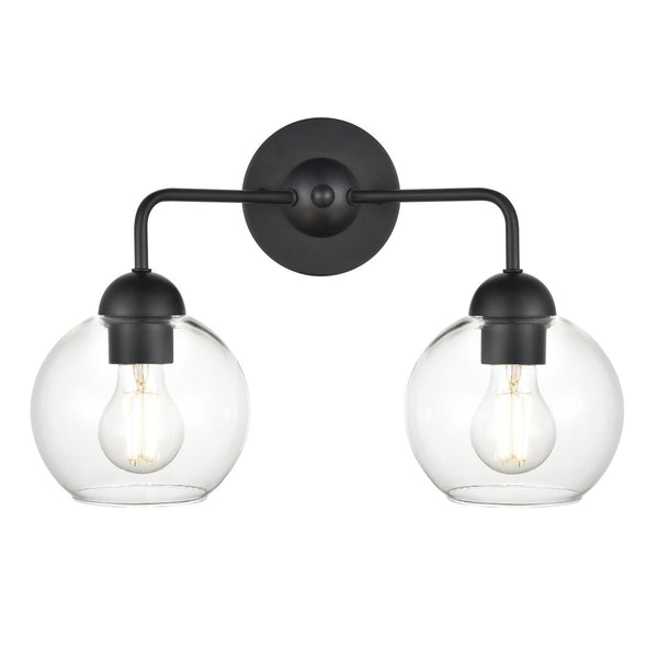 Atlas Astoria 2-Light Vanity Light Fixture with Clear Glass Globes for Midcentury Modern Bathroom Style Matte Black WL11733-BK