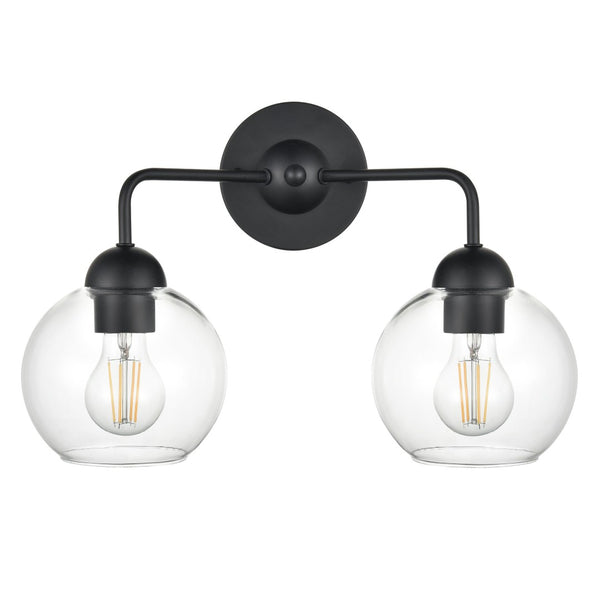 Atlas Astoria 2-Light Vanity Light Fixture with Clear Glass Globes for Midcentury Modern Bathroom Style Matte Black WL11733-BK