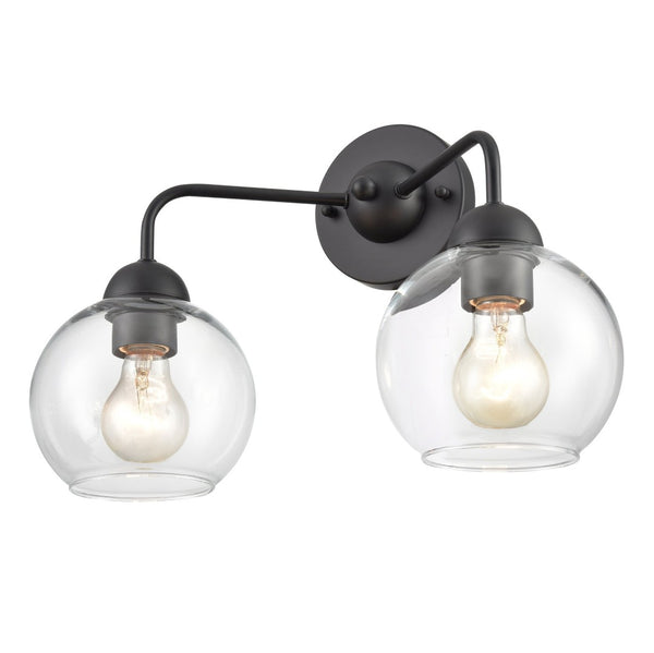 Atlas Astoria 2-Light Vanity Light Fixture with Clear Glass Globes for Midcentury Modern Bathroom Style Matte Black WL11733-BK