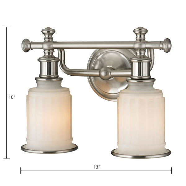 Atlas Acadia 2-Light Vanity Fixture - Timeless Elegance with Fluted Glass Shades for Bathroom Lighting Brushed Nickel 13'' WL11739-NK