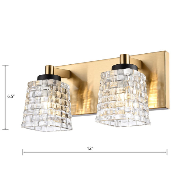 Atlas Candace 2-Light Vanity Light Fixture - Elegant Crystal Shades with Sophisticated Mixed Finishes Satin Brass with Matte Black 12'' WL11744-BS