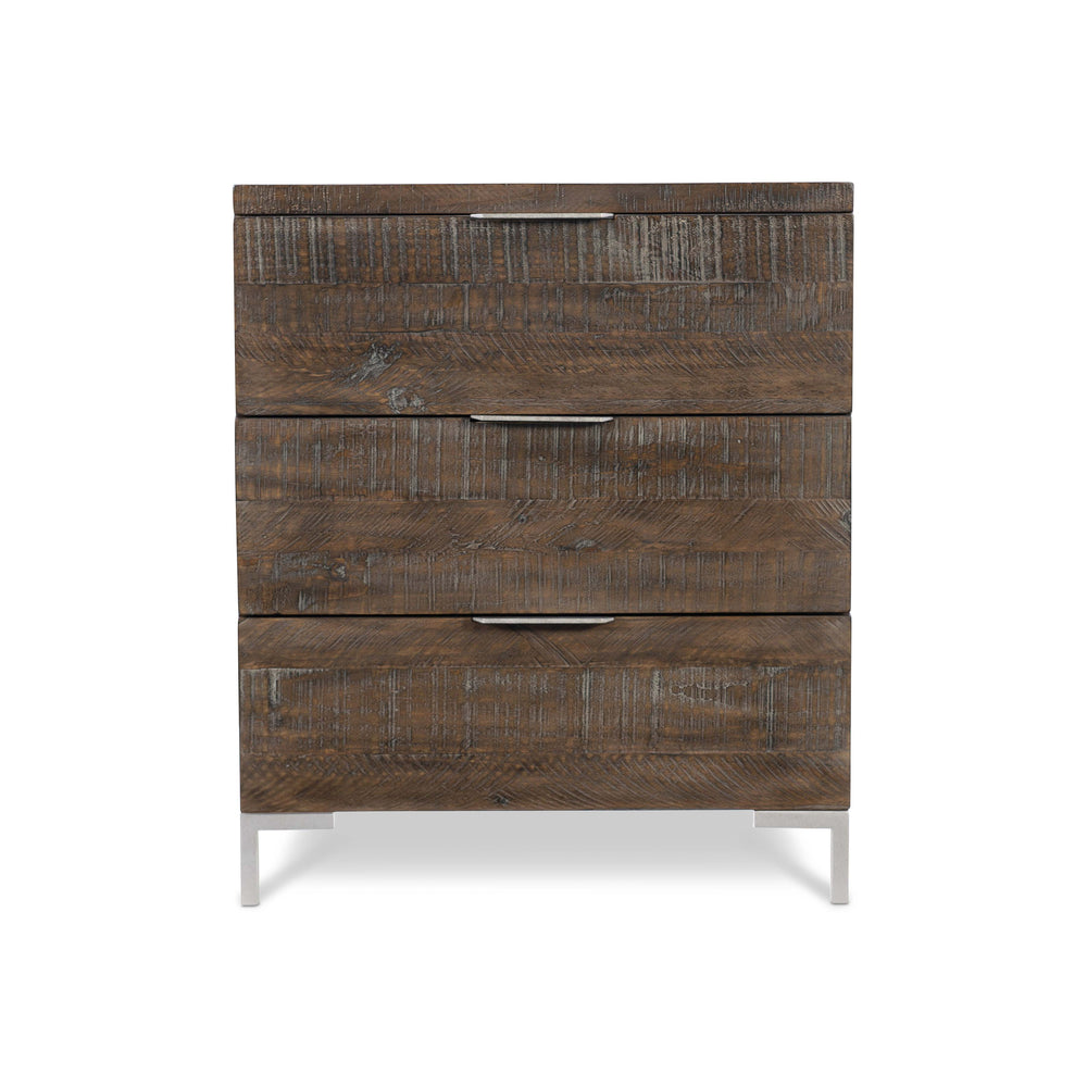 Bernhardt Bernhardt Logan Square Haines Nightstand — Distressed Pine, Sable Brown Finish, 3 Drawers, Tubular Steel Legs, Industrial-Transitional Style 303226B