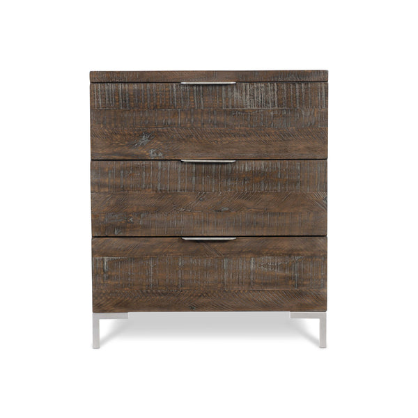 Bernhardt Bernhardt Logan Square Haines Nightstand — Distressed Pine, Sable Brown Finish, 3 Drawers, Tubular Steel Legs, Industrial-Transitional Style 303226B