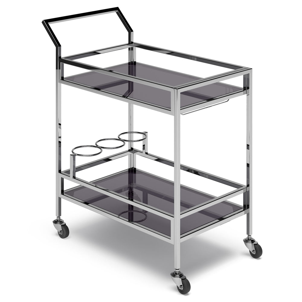 English Elm Watts 26" Bar Cart Chrome Frame with Black Tempered Glass Shelves, Bottle Rings, Glass Rack, Casters B136P159653
