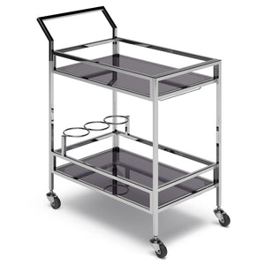 English Elm Watts 26" Bar Cart Chrome Frame with Black Tempered Glass Shelves, Bottle Rings, Glass Rack, Casters B136P159653