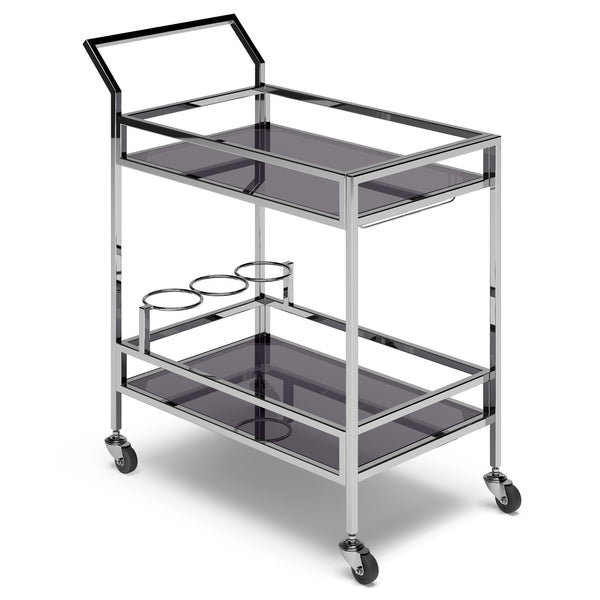 English Elm Watts 26" Bar Cart Chrome Frame with Black Tempered Glass Shelves, Bottle Rings, Glass Rack, Casters B136P159653