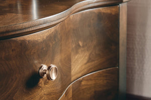 Hooker Furniture Archives Sculpted Two-Drawer Nightstand In Classic Walnut Veneer With Satin Brass Knobs, Timeless Elegance 6123-90116-89