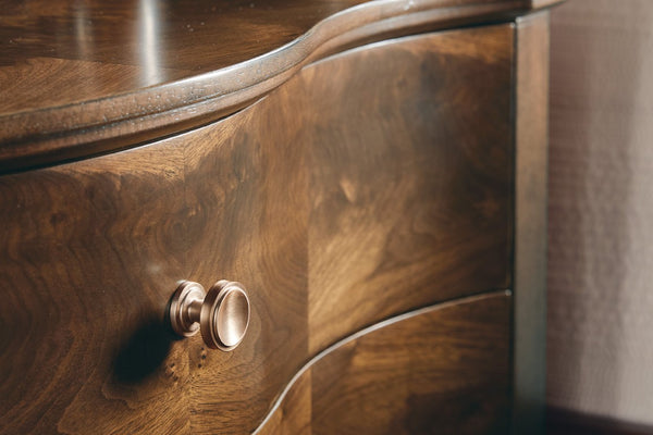 Hooker Furniture Archives Sculpted Two-Drawer Nightstand In Classic Walnut Veneer With Satin Brass Knobs, Timeless Elegance 6123-90116-89