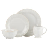 French Perle Groove White 4-Piece Dinnerware Set - Stoneware, Microwave & Dishwasher Safe