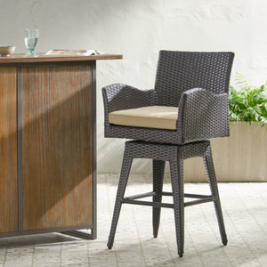 English Elm Modern Outdoor Pe Wicker Swivel Barstool with Cushioned Seat and Iron Frame 54128.00