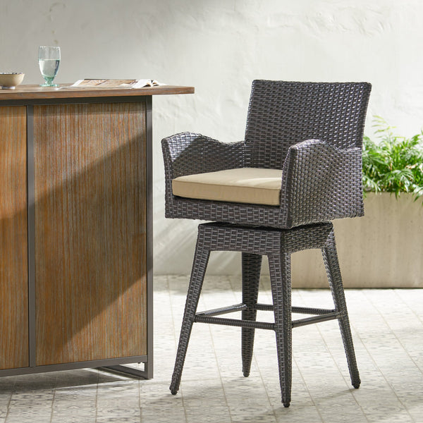 English Elm Modern Outdoor Pe Wicker Swivel Barstool with Cushioned Seat and Iron Frame 54128.00