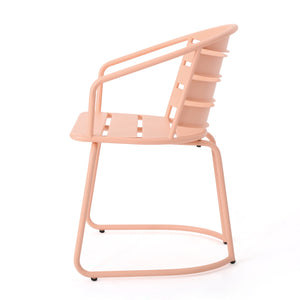 English Elm Santa Monica Outdoor Bistro Set Powder Coated Iron Oval Table Two Slat Chairs Patio Coral 62015.00CRL