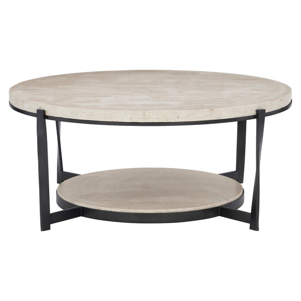 Bernhardt Bernhardt Travertine Cocktail Table 43" — Aged Pewter Twisted Steel Base, Lower Shelf, Durable Core 405015