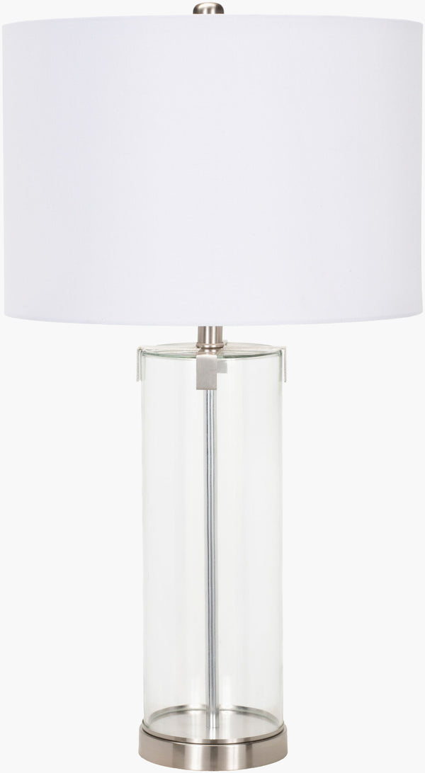 Surya Wanaka Modern 28" Accent Table Lamp - Stylish, Durable, Space-saving Lighting For Any Room Body, Clear,Base, Metallic ,Nickel,Shade, White,Finial, Metallic ,Nickel,Harp, Metallic ,Nickel,Cord, Translucent Glass,Iron,Linen,Polyester,Iron Wnk-001