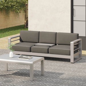 English Elm Christopher Knight Home® - CAPE modern 3-seater outdoor sofa with aluminum frame, convertible tray table, water-resistant cushions Gray 58981.00CUS