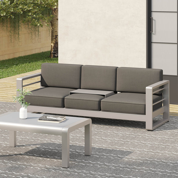 English Elm Christopher Knight Home® - CAPE modern 3-seater outdoor sofa with aluminum frame, convertible tray table, water-resistant cushions Gray 58981.00CUS