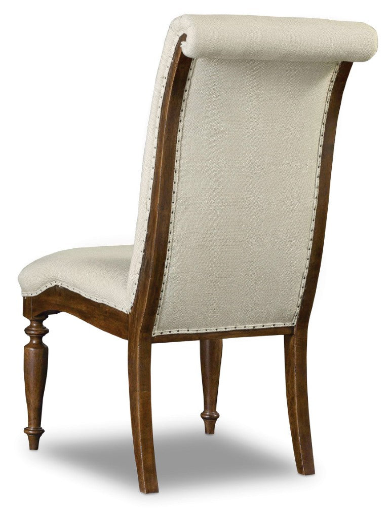 Hooker Furniture Archivist Upholstered Side Chair With Aubergine Linen, Pecan Pecky Veneer, Carved Legs & Tack Trim 5447-75410