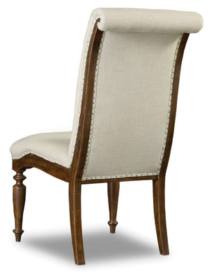 Hooker Furniture Archivist Upholstered Side Chair With Aubergine Linen, Pecan Pecky Veneer, Carved Legs & Tack Trim 5447-75410